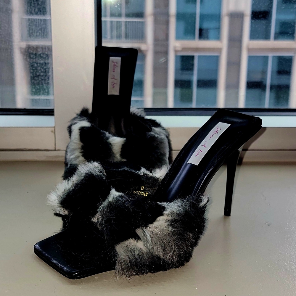 "SANYA" Sexy Luxe Custom Order Faux Chinchilla Black, White & Gray Mule Heels